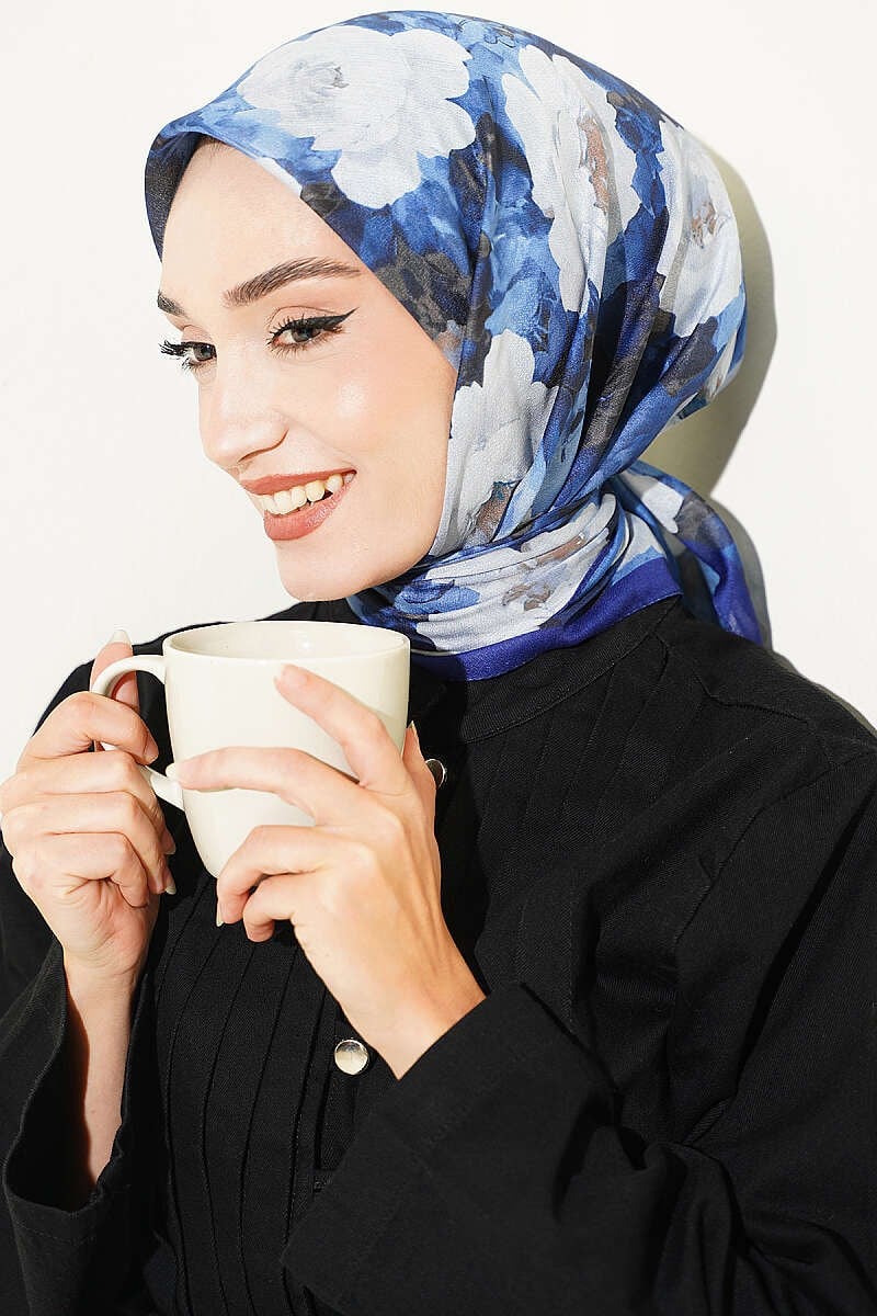 Gül Desenli Soft Eşarp Lacivert
