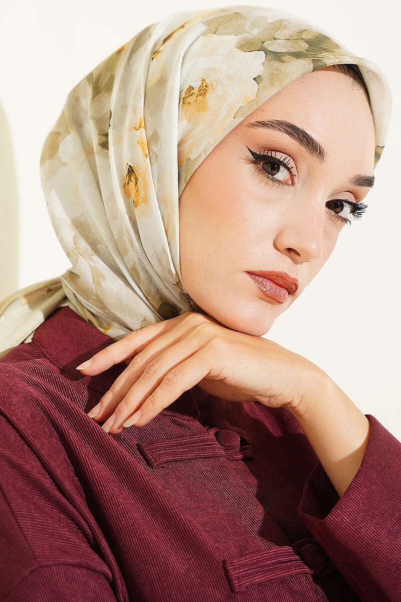 Gül Desenli Soft Eşarp Su Yeşili