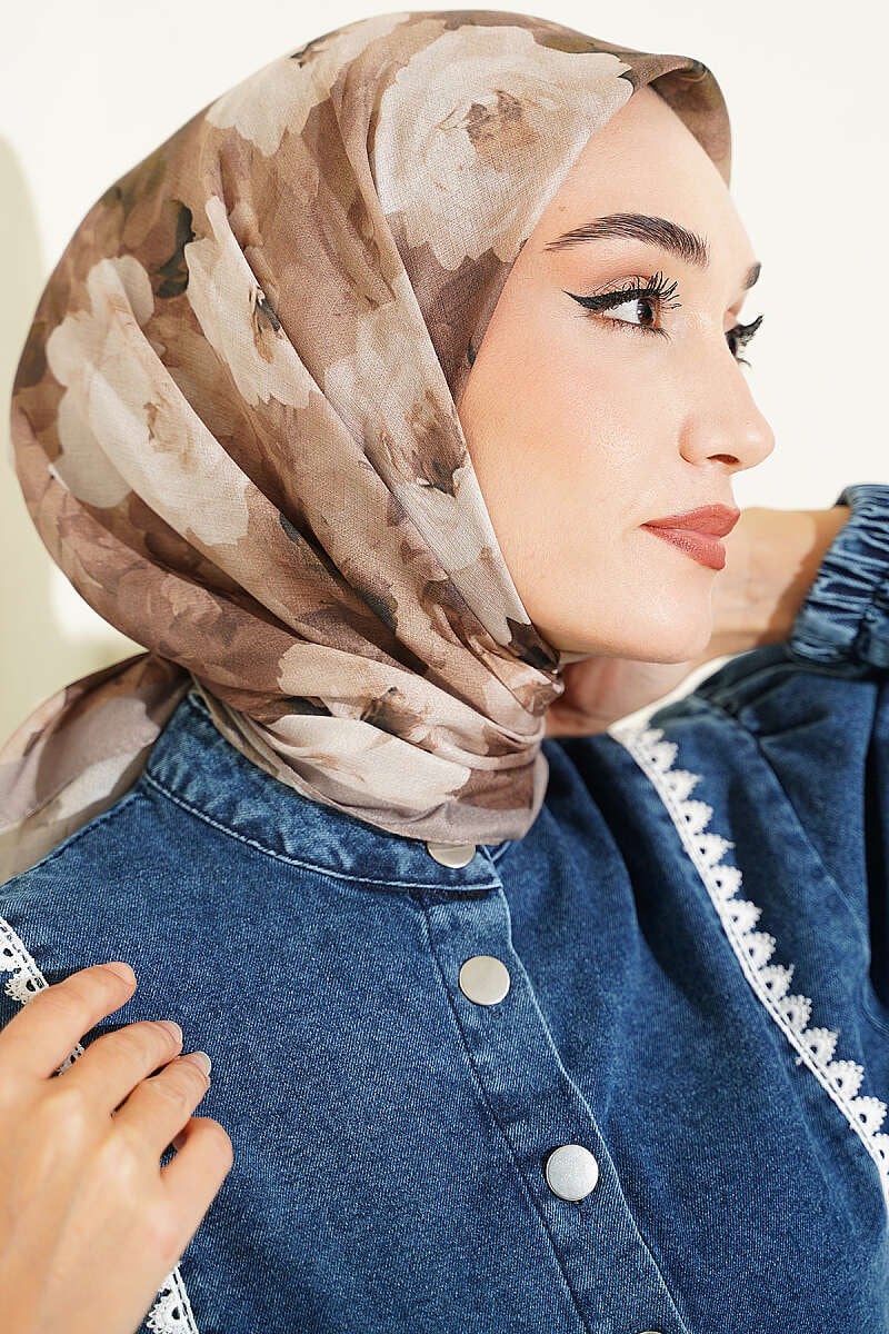 Gül Desenli Soft Eşarp Vizon