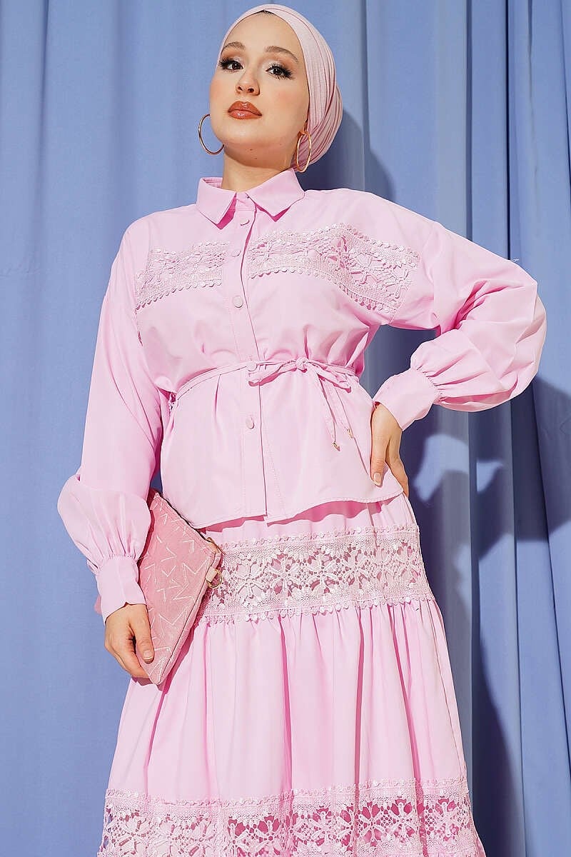 Güpür Detaylı Etekli İkili Takım Pembe