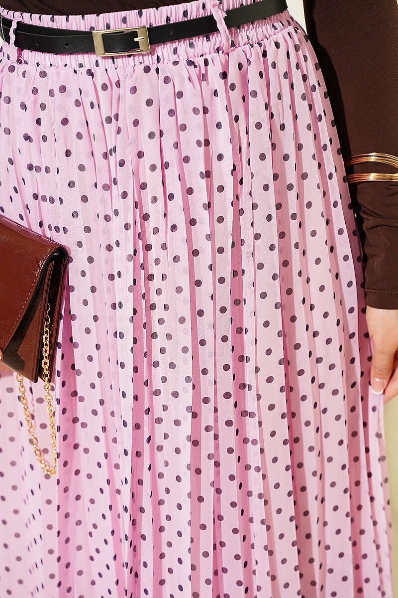 İnce Kemerli Puantiyeli Şifon Etek Pembe
