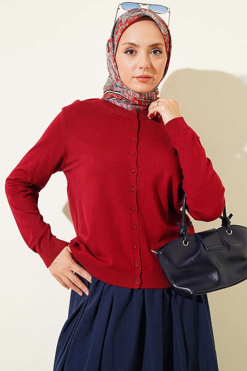 İnce Örgü Düğmeli Triko Hırka Bordo