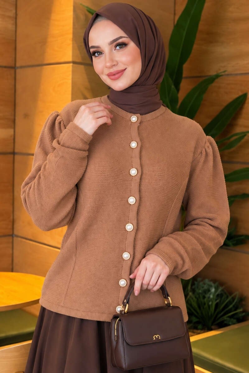 İnci Düğme Detaylı Triko Hırka Camel