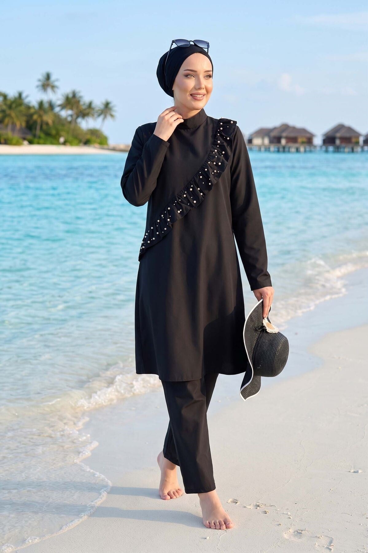 İncili Fırfır Detaylı Üçlü Tesettür Mayo Siyah