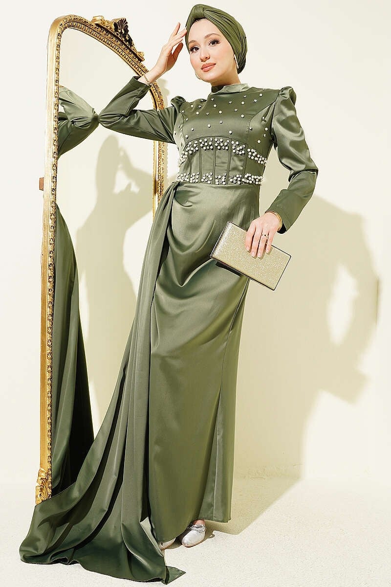 İncili Taşlı Saten Abiye Elbise Haki