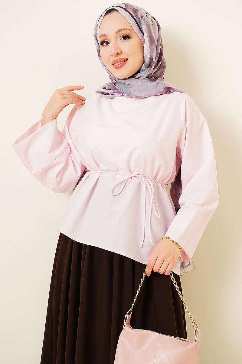 İp Kuşaklı Asimetrik Bluz Pembe