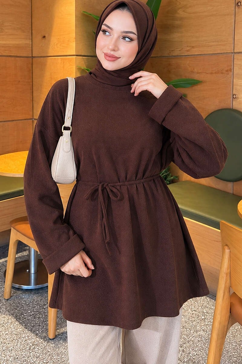 İp Kuşaklı Fitilli Tunik Kahve
