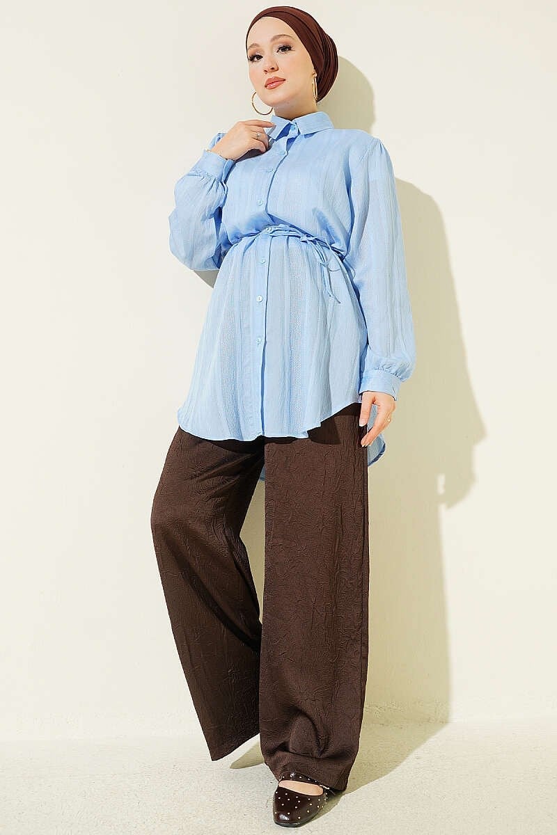 İp Kuşaklı Kabartma Çizgili Gömlek Mavi