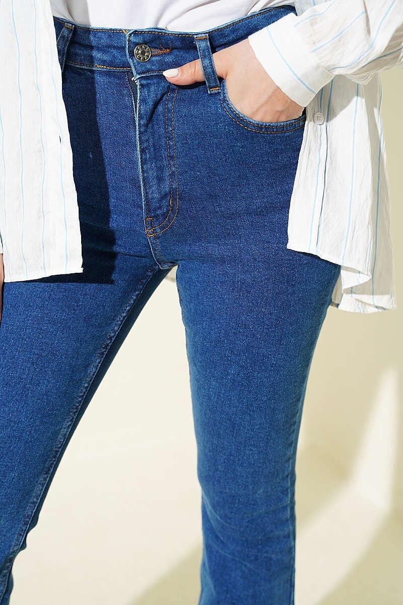 İspanyol Paça Düğmeli Kot Pantolon Mavi