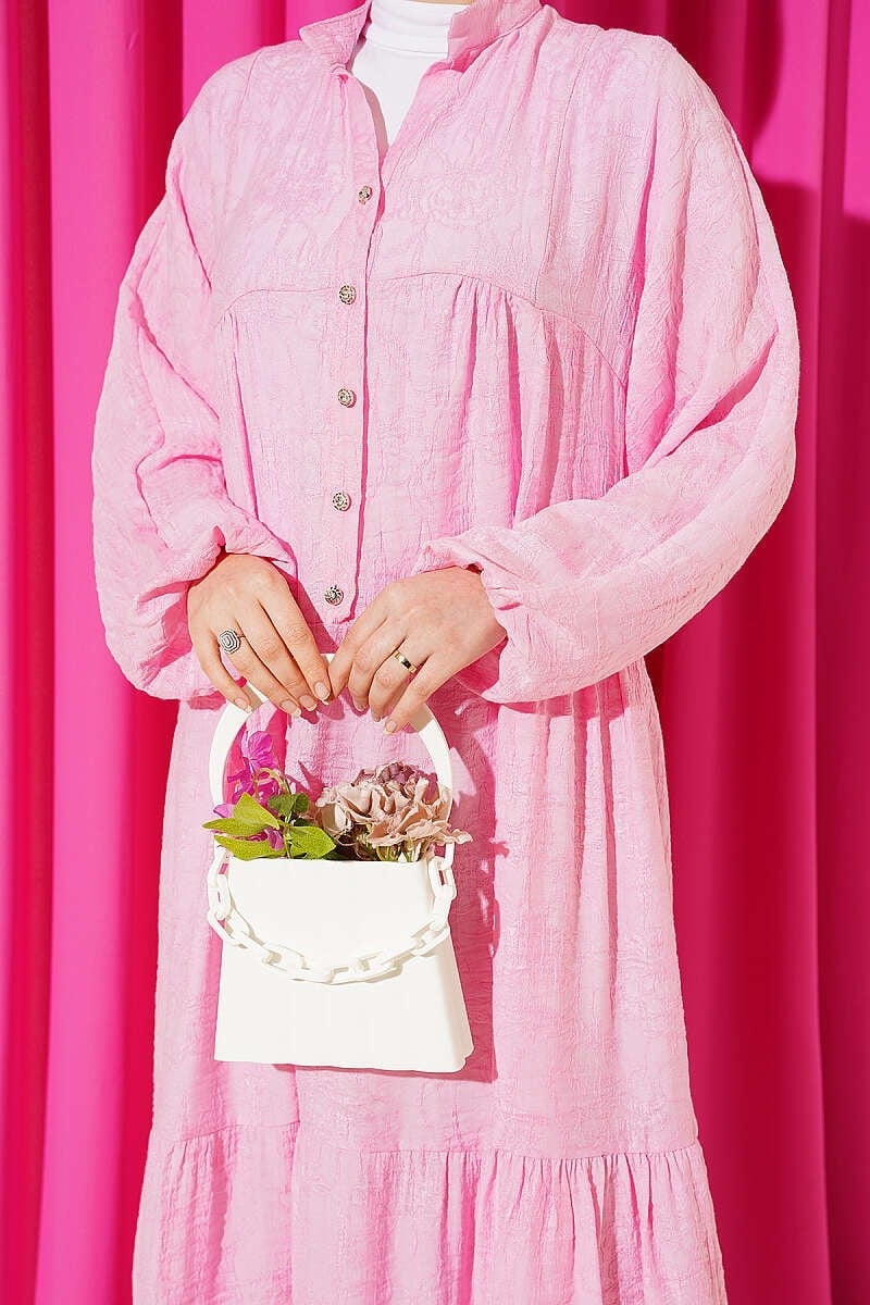 Kabartma Desen Düğmeli Kat Elbise Pembe