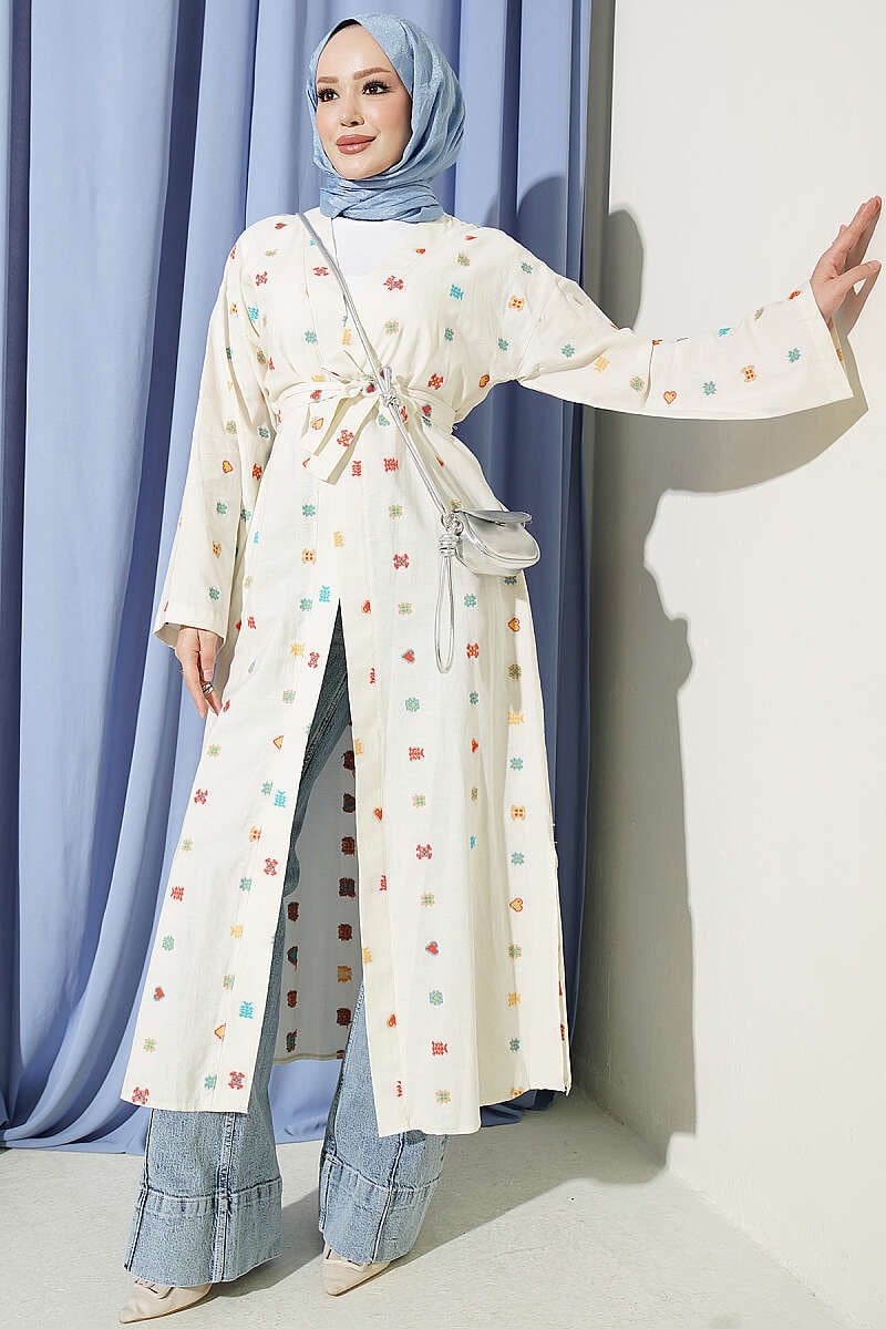 Kalp Desenli Keten Kimono Bej