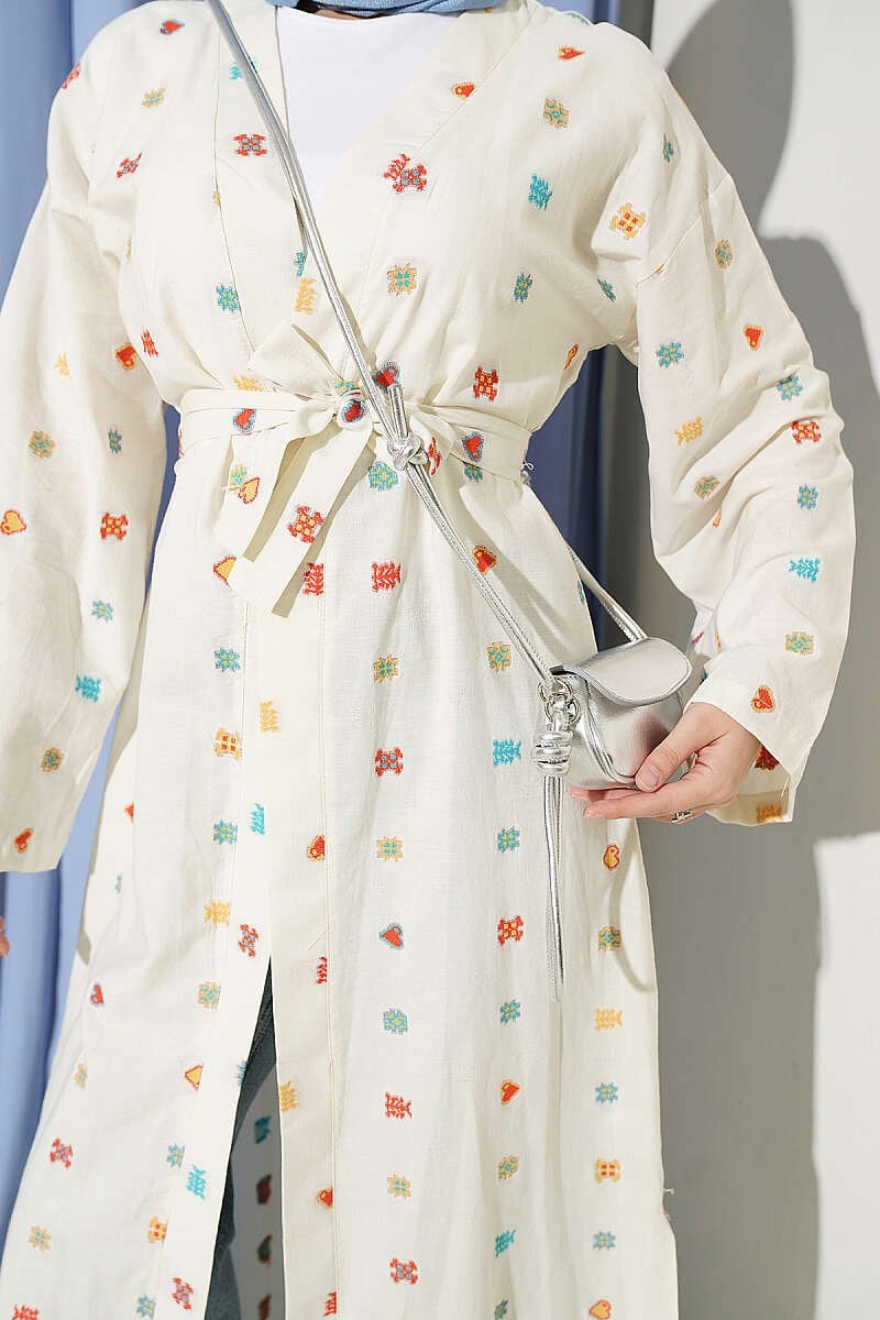 Kalp Desenli Keten Kimono Bej
