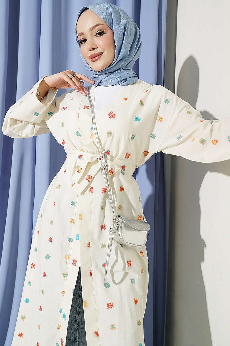 Kalp Desenli Keten Kimono Bej