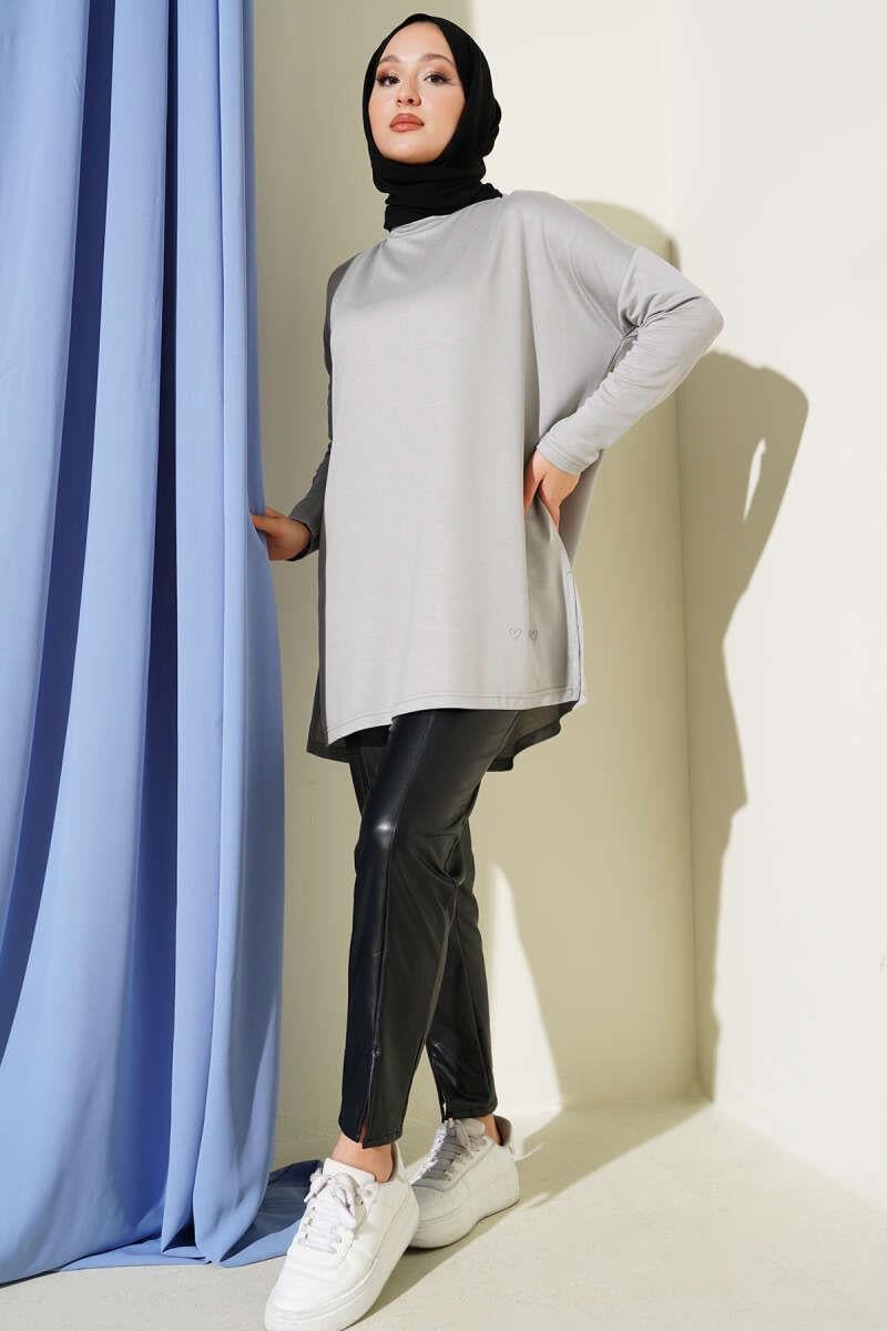 Kalp Detaylı Basic Tunik Gri