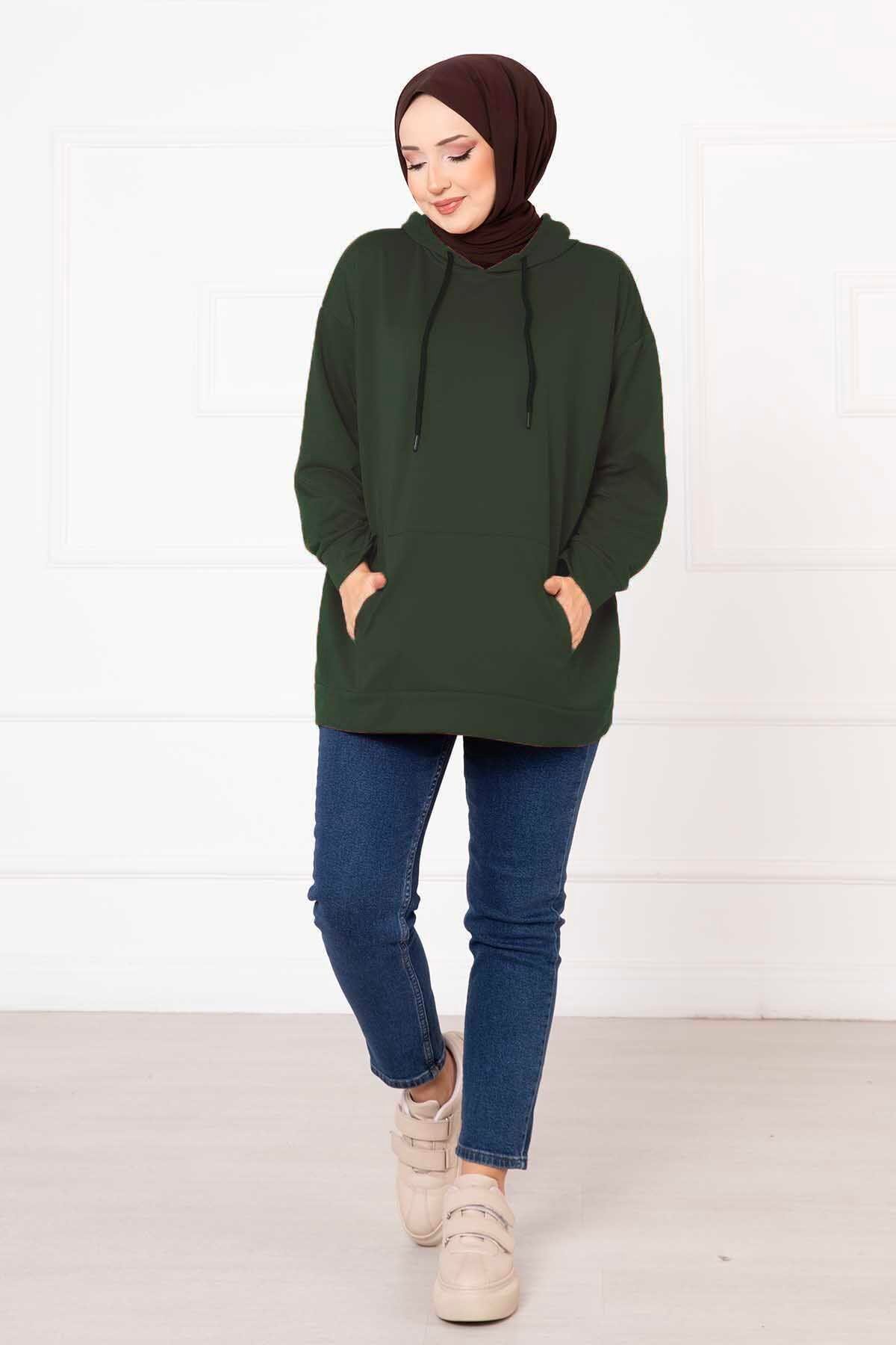 Kanguru Cepli Tesettür Sweatshirt Haki