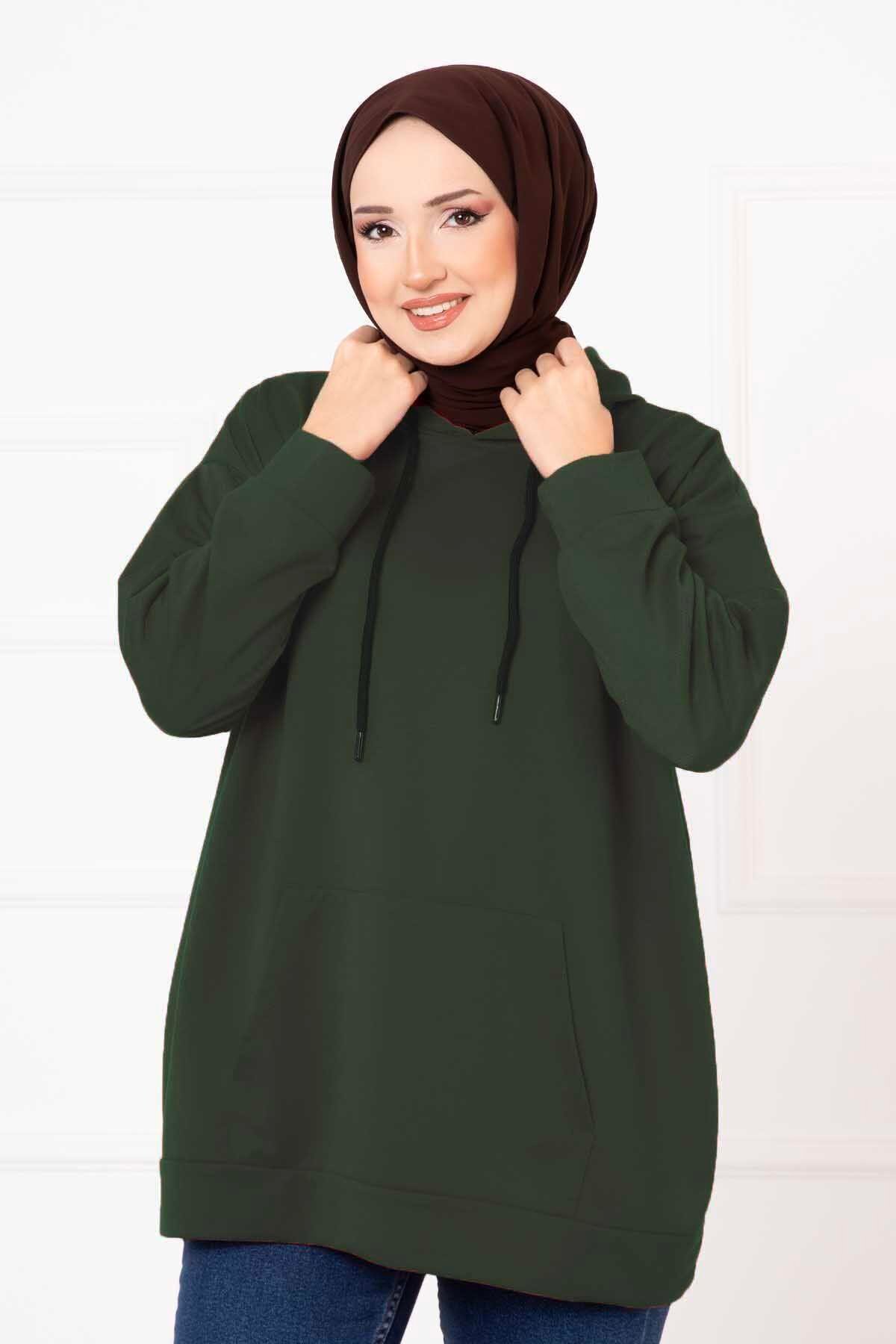 Kanguru Cepli Tesettür Sweatshirt Haki