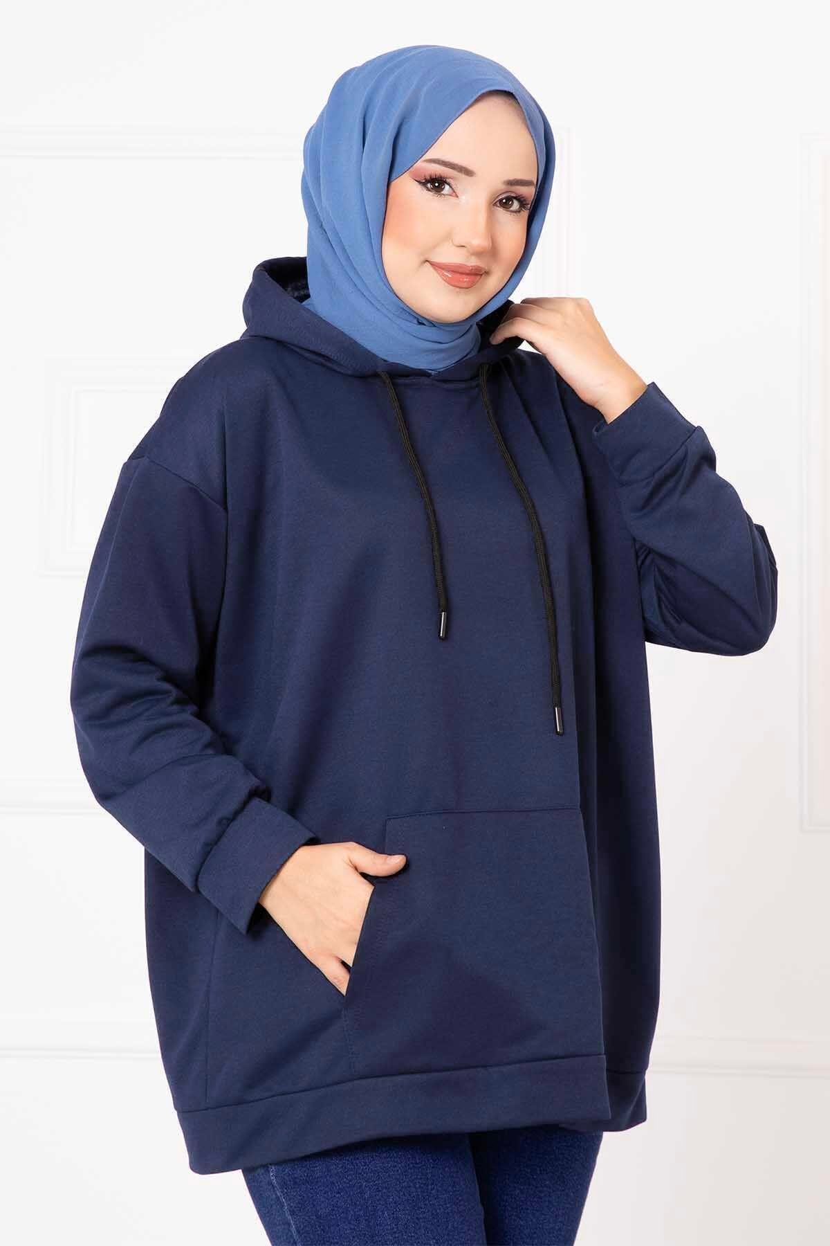 Kanguru Cepli Tesettür Sweatshirt İndigo