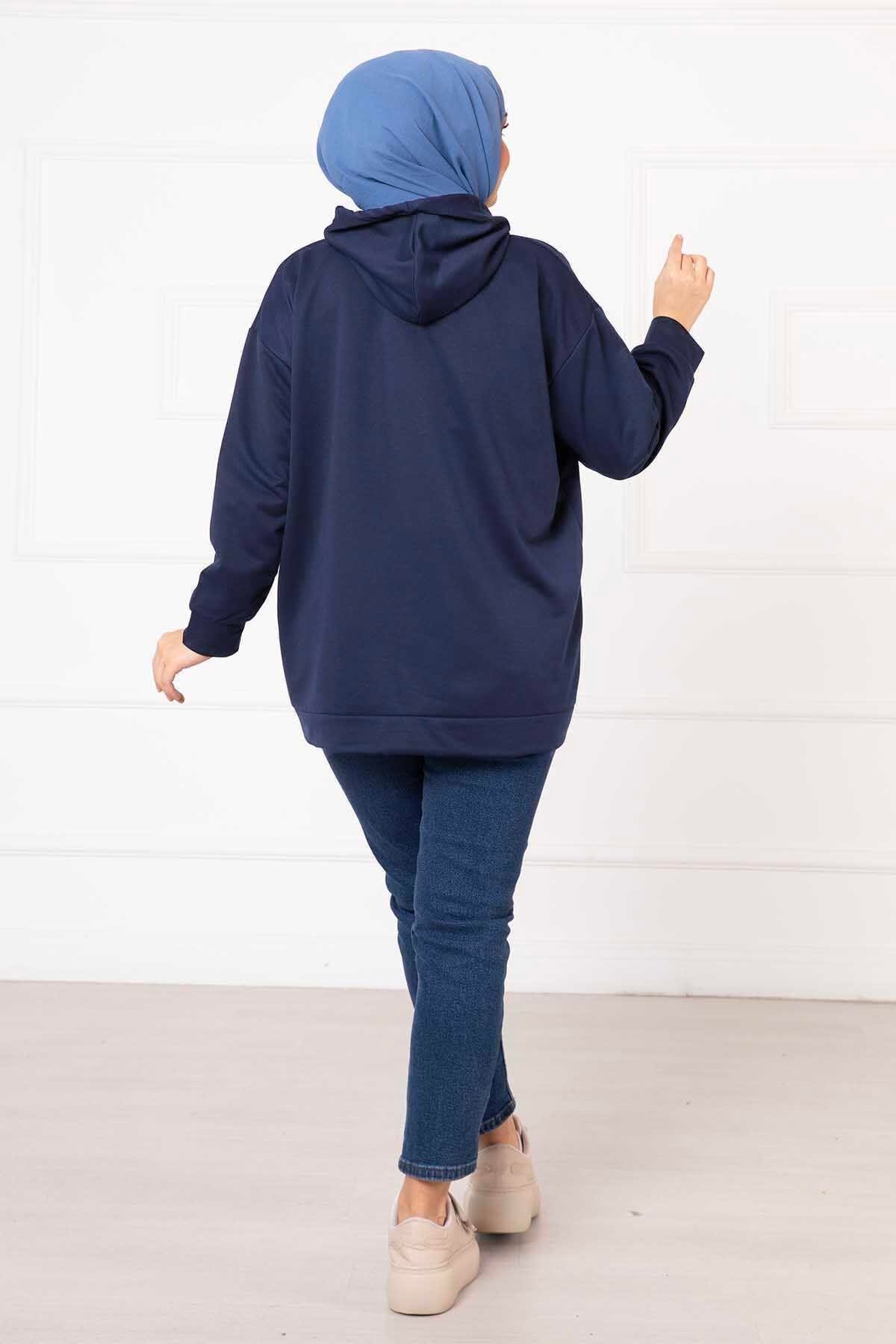 Kanguru Cepli Tesettür Sweatshirt İndigo