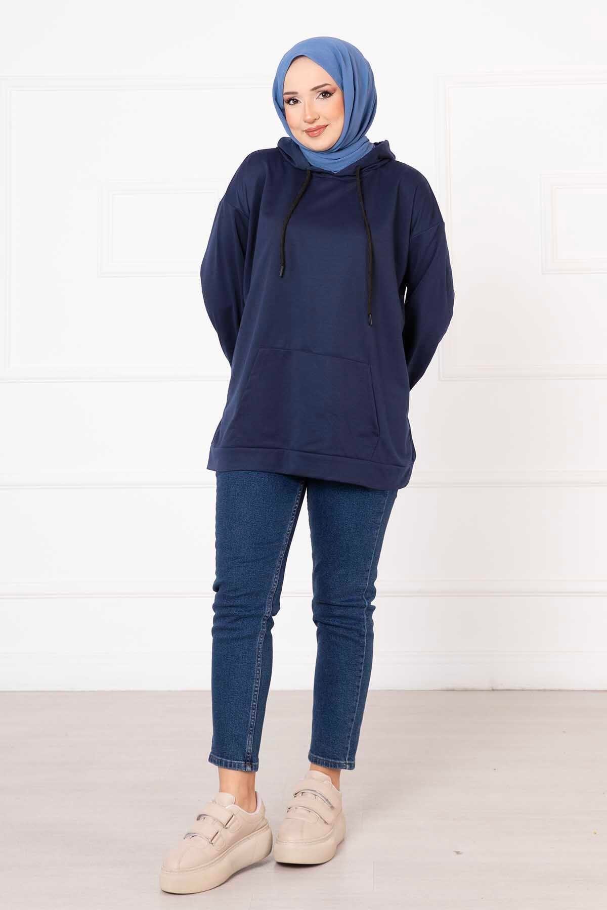 Kanguru Cepli Tesettür Sweatshirt İndigo