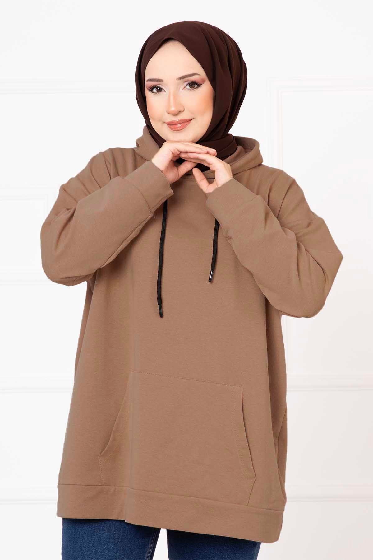Kanguru Cepli Tesettür Sweatshirt Koyu Vizon
