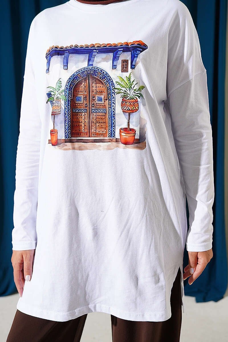 Kapı Baskılı Basic Tunik Beyaz