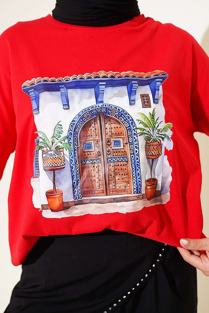 Kapı Baskılı Basic Tunik Kırmızı