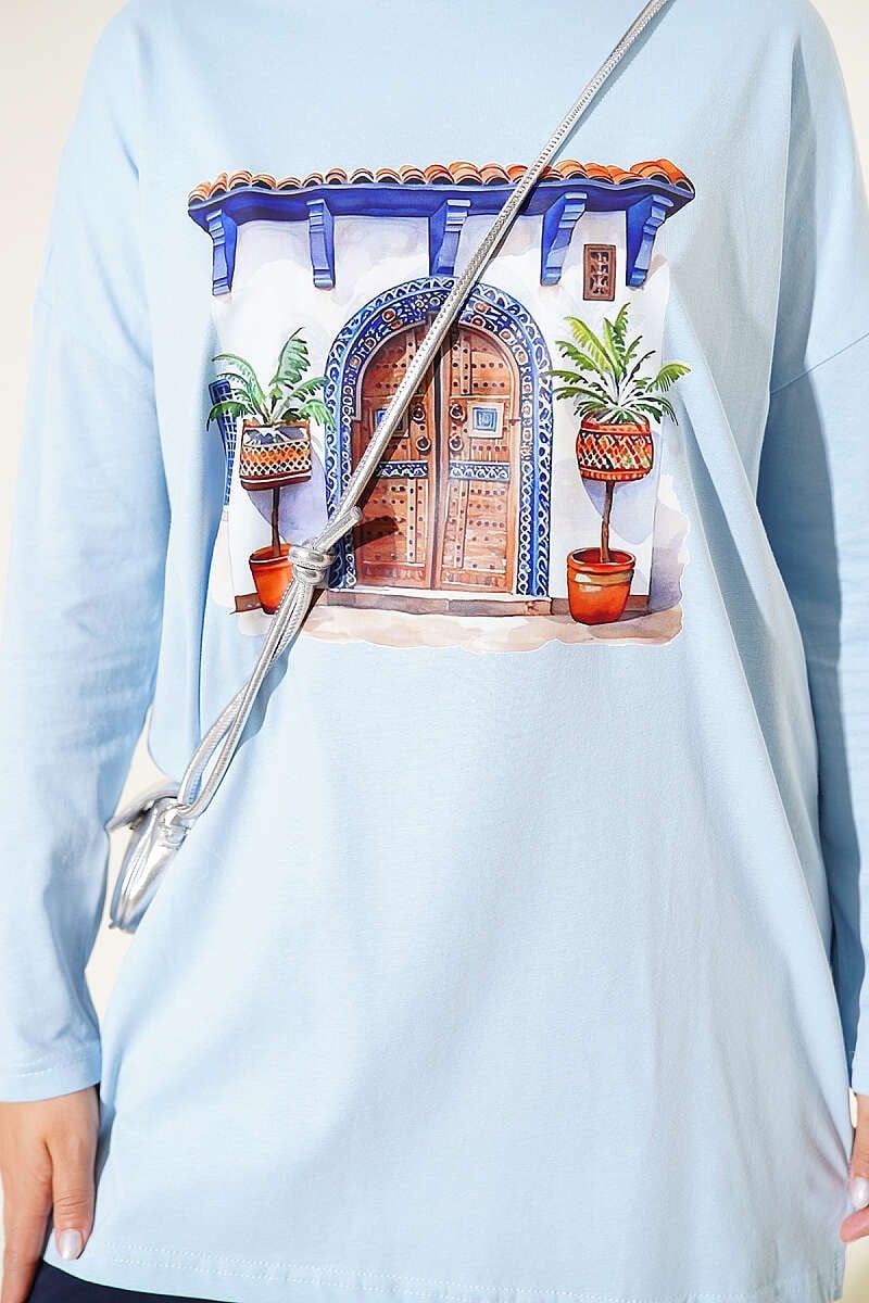 Kapı Baskılı Basic Tunik Mavi