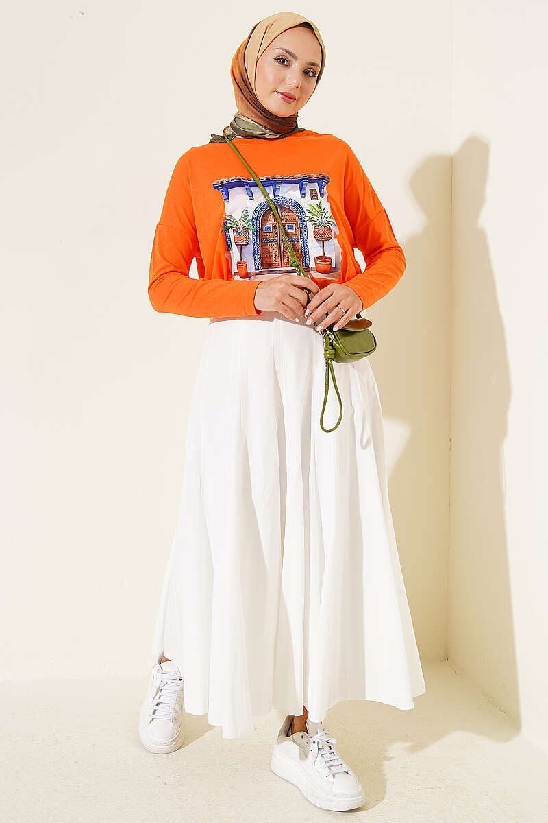 Kapı Baskılı Basic Tunik Oranj