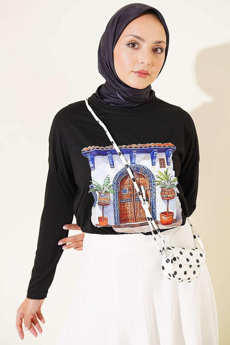 Kapı Baskılı Basic Tunik Siyah