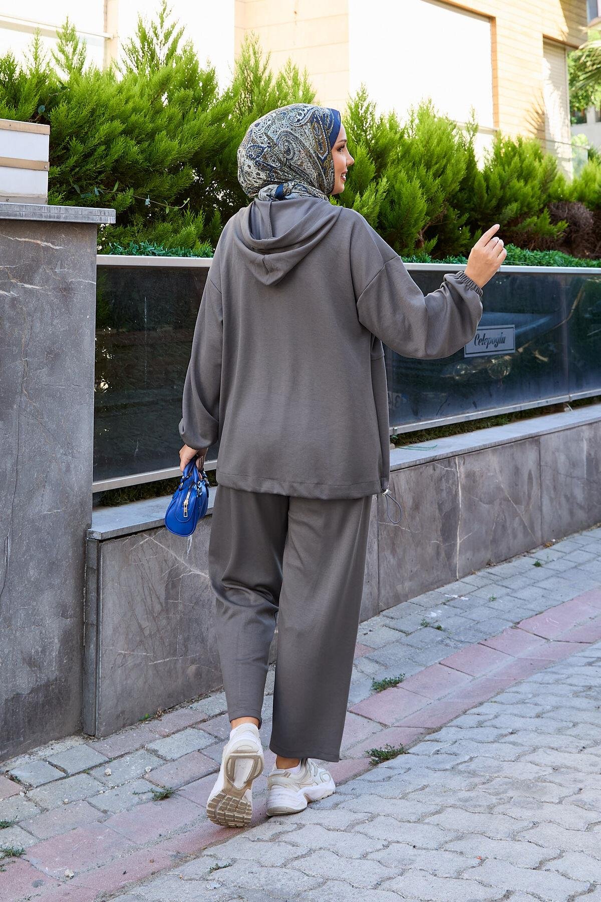 Kapüşon Ve Fermuar Detaylı İkili Oysho Takım Füme