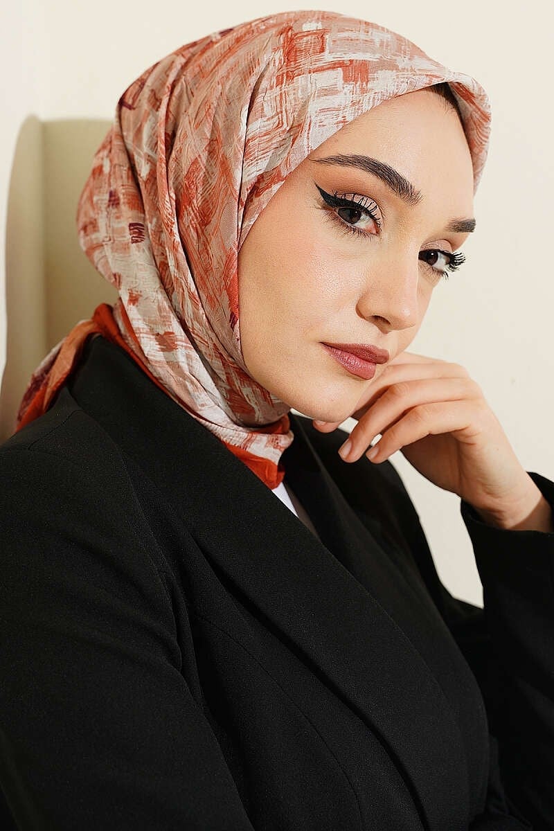 Kare Çizgili Bambu Kraş Eşarp Kiremit