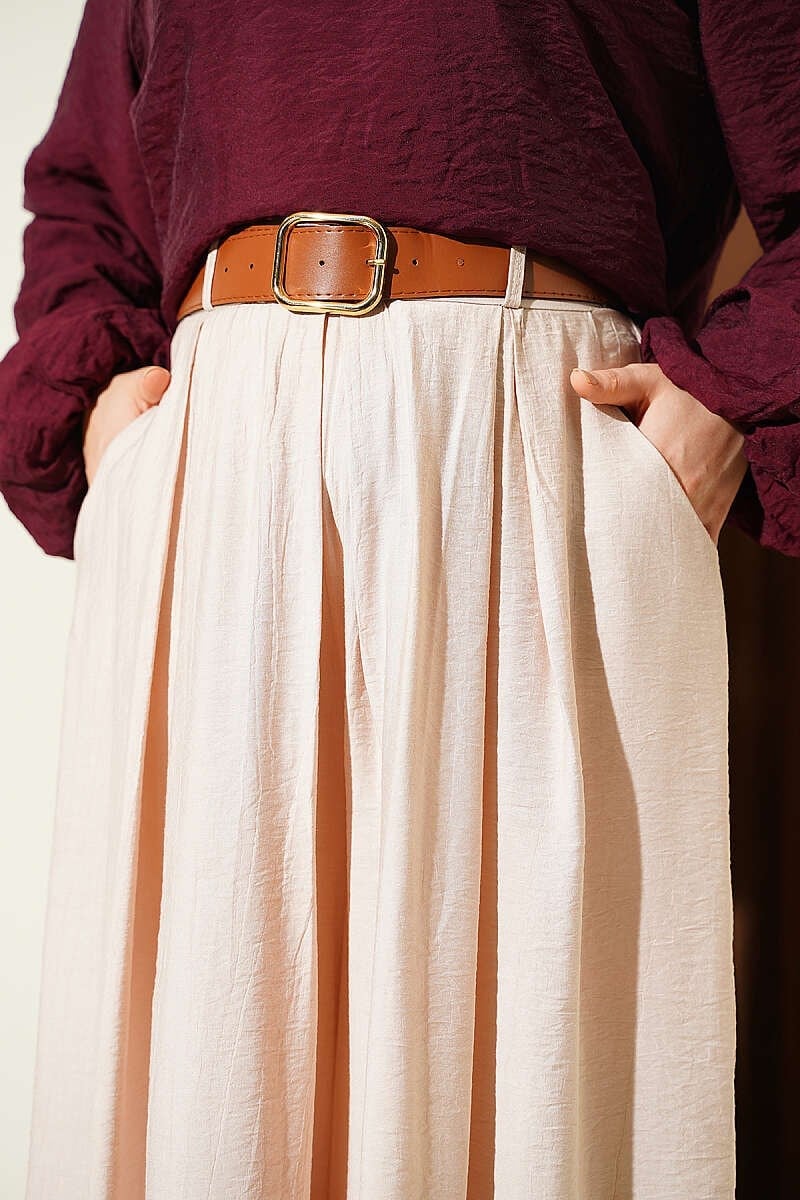 Kare Kemerli Bol Paça Pantolon Bej