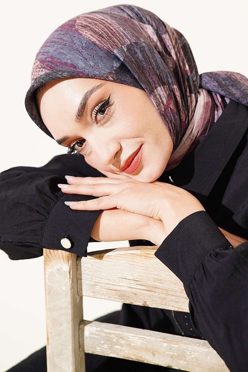 Karışık Desen Bambu Kraş Ayda Eşarp Burgonya