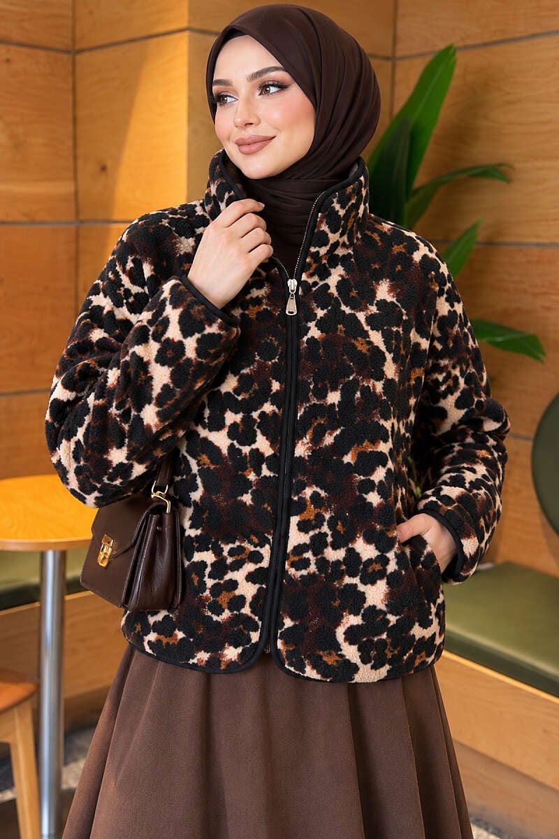 Karışık Desenli Peluş Ceket Leopar