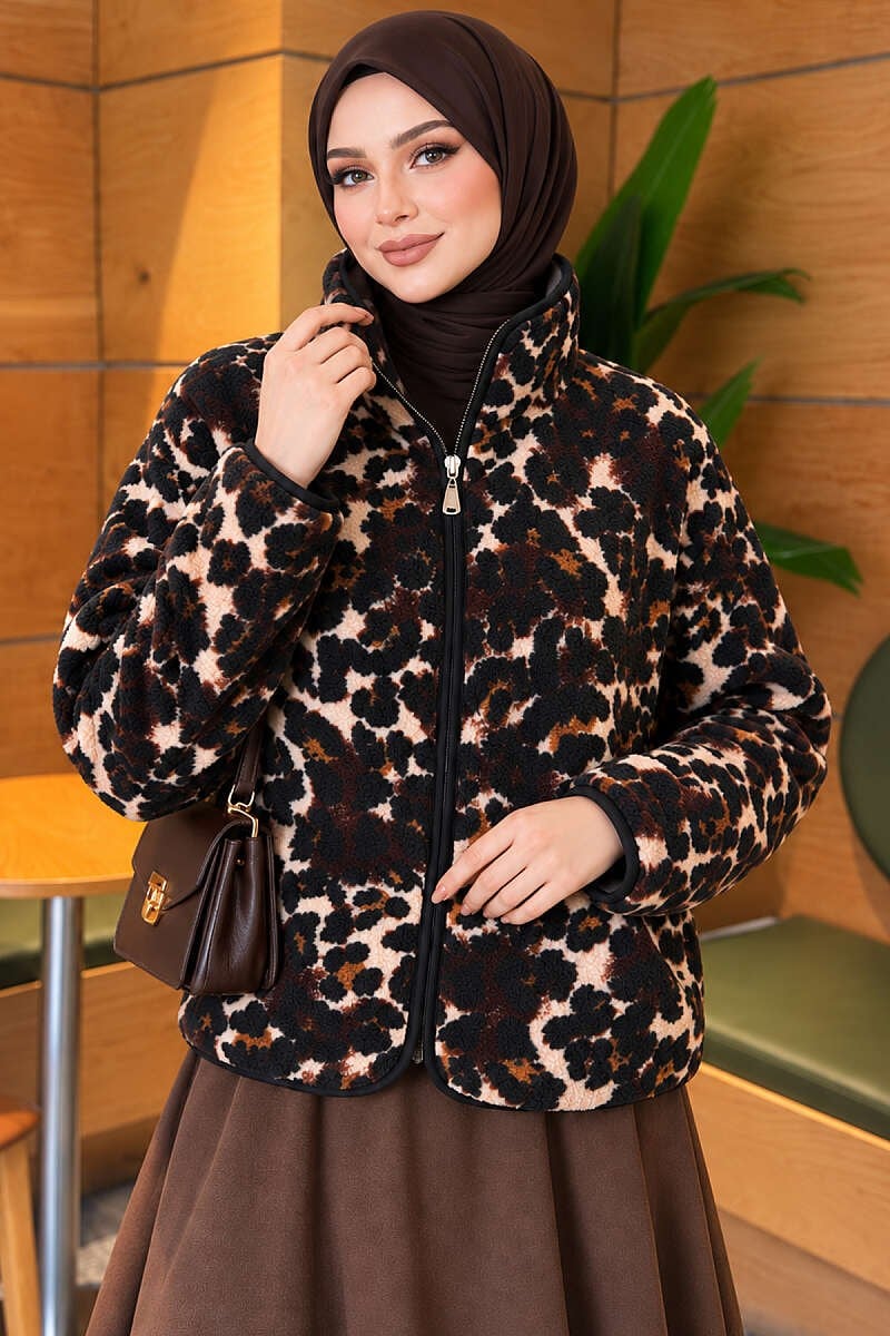 Karışık Desenli Peluş Ceket Leopar
