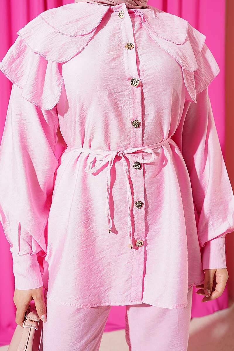 Kat Yakalı İp Kuşaklı İkili Takım Pembe