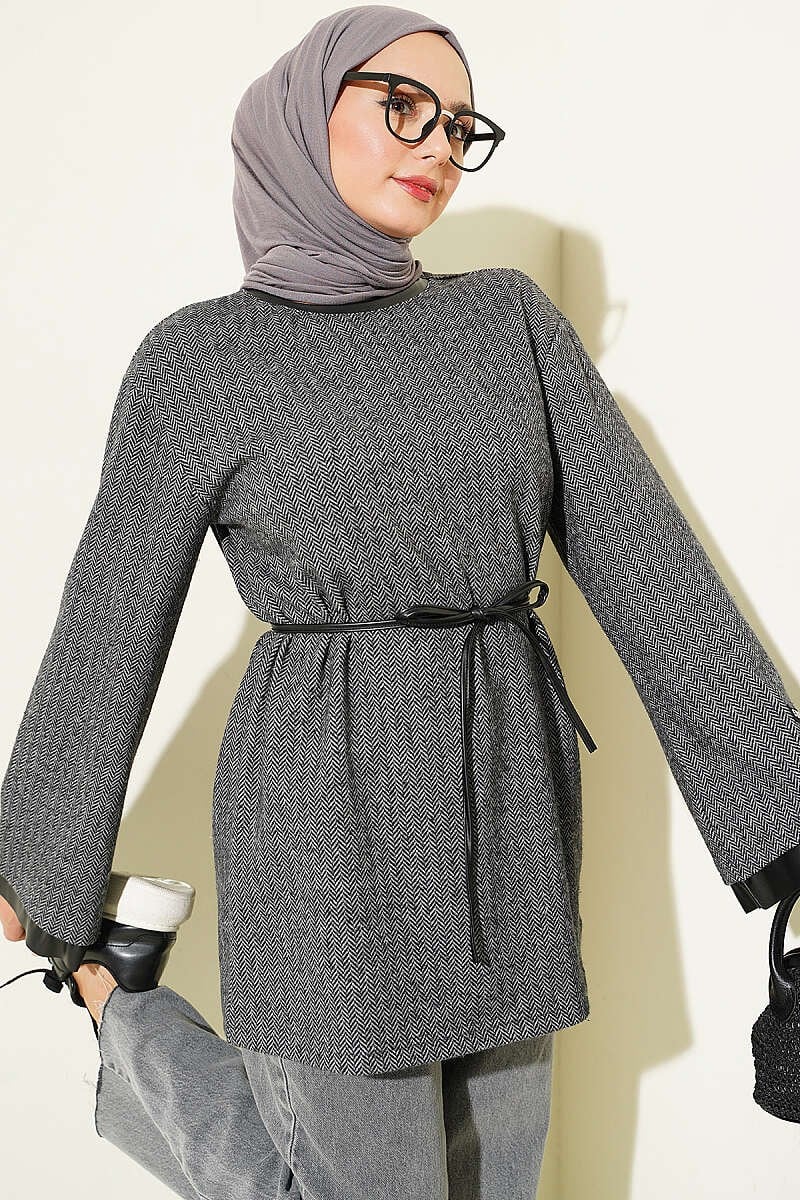 Kazayağı Deri İp Bağcıklı Garnili Tunik Füme
