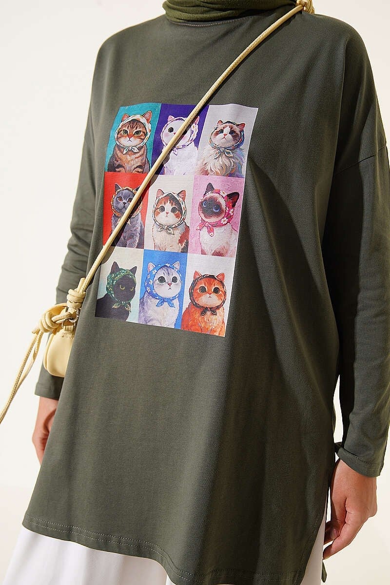 Kedi Baskılı Tunik Haki