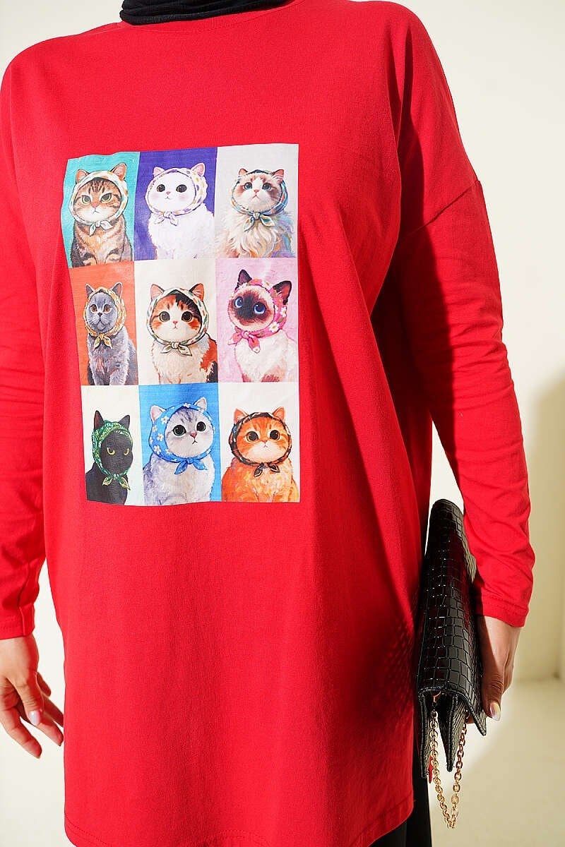 Kedi Baskılı Tunik Kırmızı