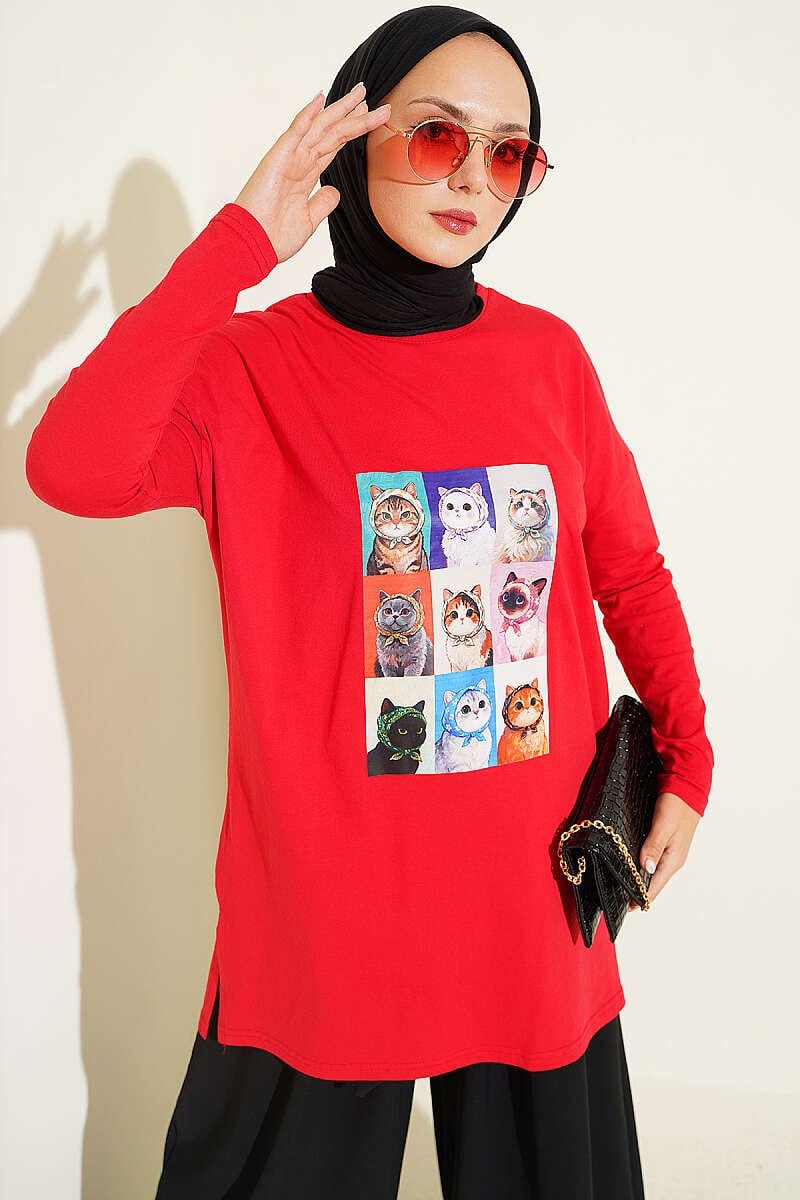 Kedi Baskılı Tunik Kırmızı