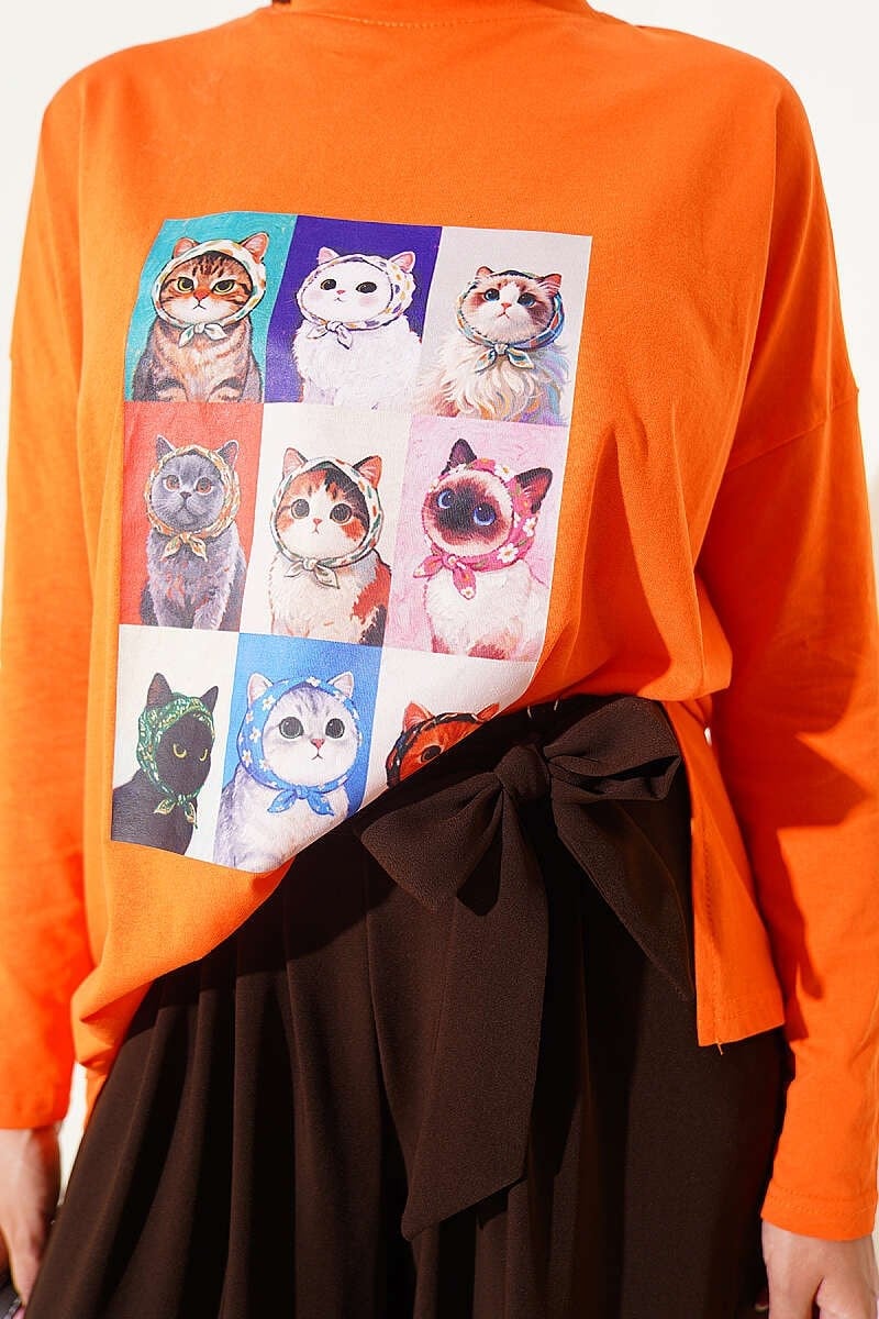 Kedi Baskılı Tunik Oranj