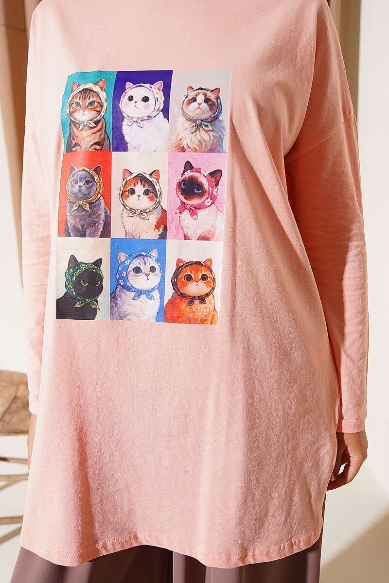 Kedi Baskılı Tunik Pudra