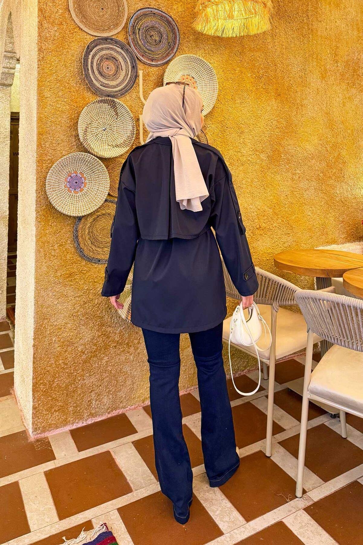 Kemerli Apolet Detaylı Premium Trençkot Lacivert
