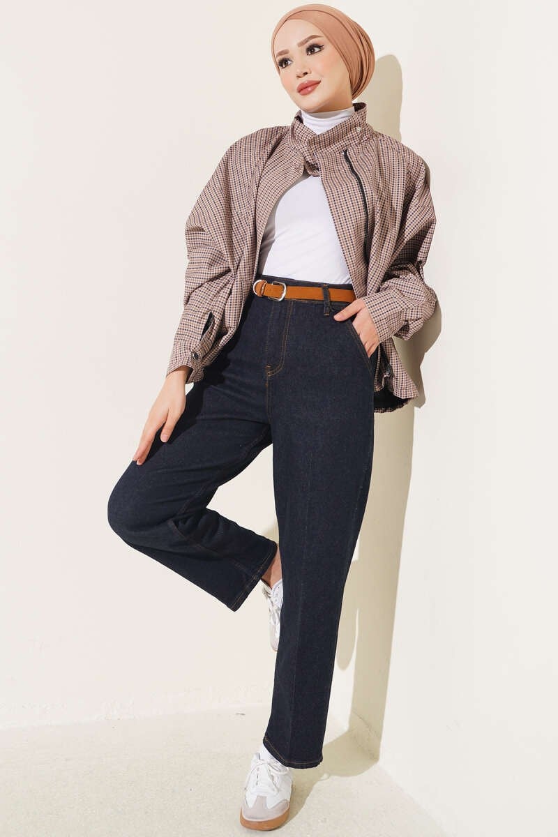 Kemerli Mom Kot Pantolon Lacivert