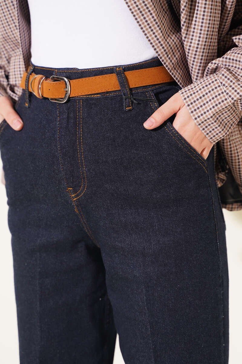 Kemerli Mom Kot Pantolon Lacivert