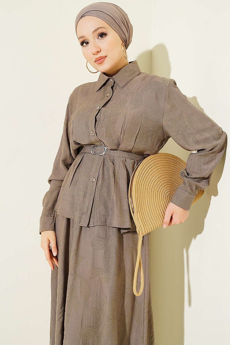 Kemerli Paisley Desen Etekli İkili Takım Vizon