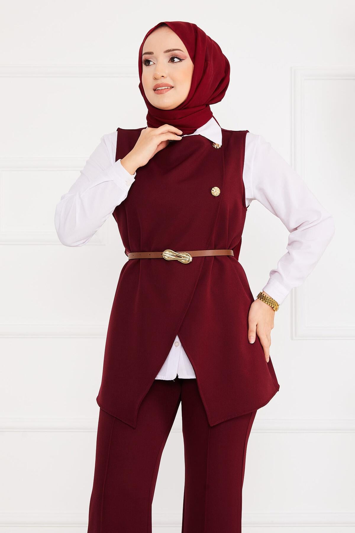Kemerli Yelekli Tesettür İkili Takım Bordo