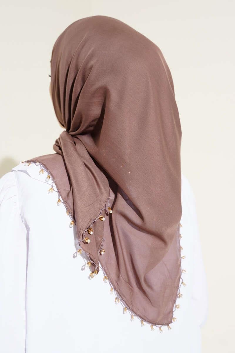 Kenarları Boncuk İşlemeli Yazma Eşarp Soft Kahve