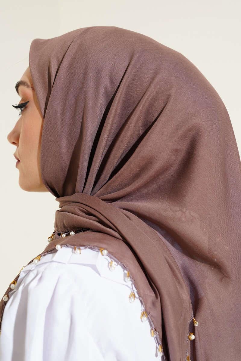 Kenarları Boncuk İşlemeli Yazma Eşarp Soft Kahve