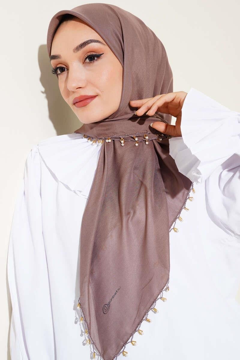 Kenarları Boncuk İşlemeli Yazma Eşarp Soft Kahve